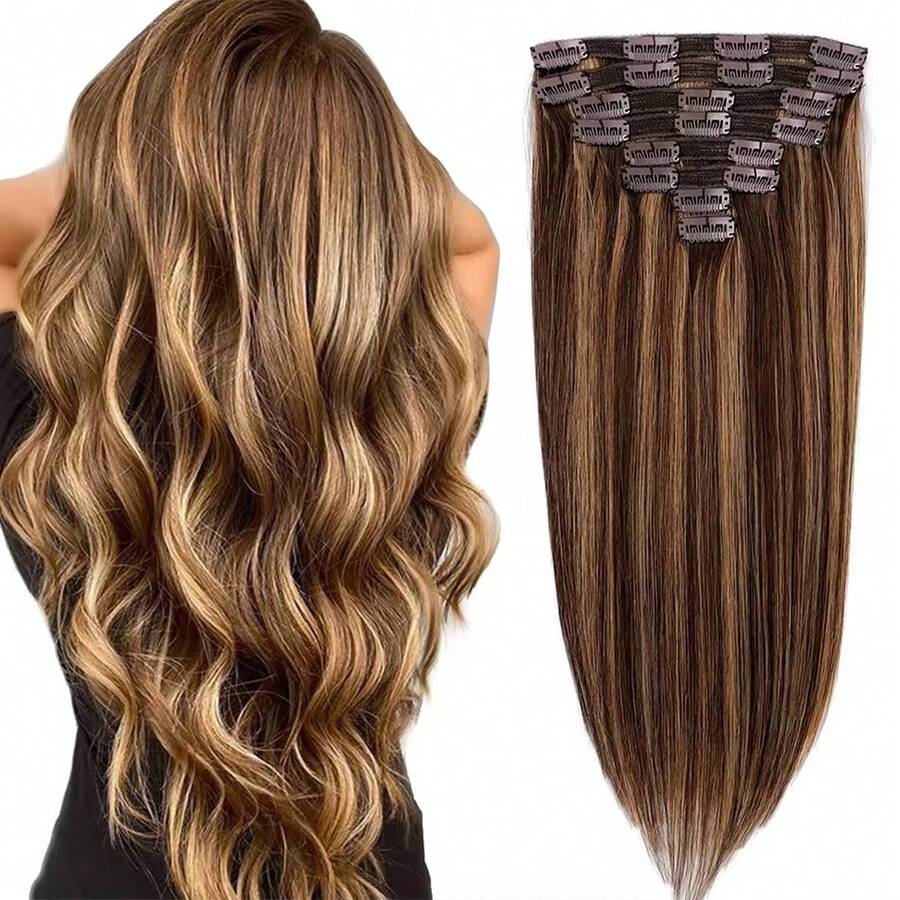 Hair Clip In Hair Extensions Straight Human Hair 8Pcs 110g 4/27 Ombre Hightlight Clip In Extensions Remy Clip In Hair Extensions Double Weft Real Human Hair Extensions Clip For Women 24inch - S4/27 - Xem 1