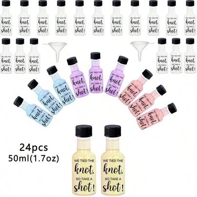 24 piezas Botellas de viaje vacías de agua/vino transparentes, dispensador de bebidas mini, botellas de vino mini vacías con tapas negras/blancas y dos embudos. Las botellas de vino vacías se pueden usar para dispensar bebidas, leche, batidos y café. Con los mejores deseos sinceros y románticos para la mejor decoración de boda, fiesta y hogar.
