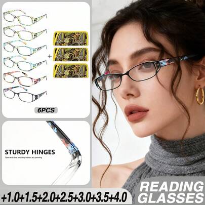 6pcs Rectangular Reading Glasses, Printed Design, Ultra-Light Portable Women's Daily Reading Glasses, Comes With Quality Glasses Case
