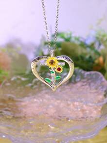 1pc Fashionable Unique Heart-Shaped Sunflower Cross Pendant Necklace Engraved With "You Are My Sunshine", Suitable As Gift For Girlfriend - Birthday Gift - Holiday Present - White - View 8