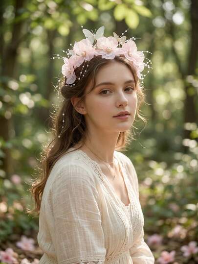 1pc Pastoral Style Light Pink Flower & Butterfly Pearl Headband, Versatile Headpiece For Performance, Photography, Bridesmaid