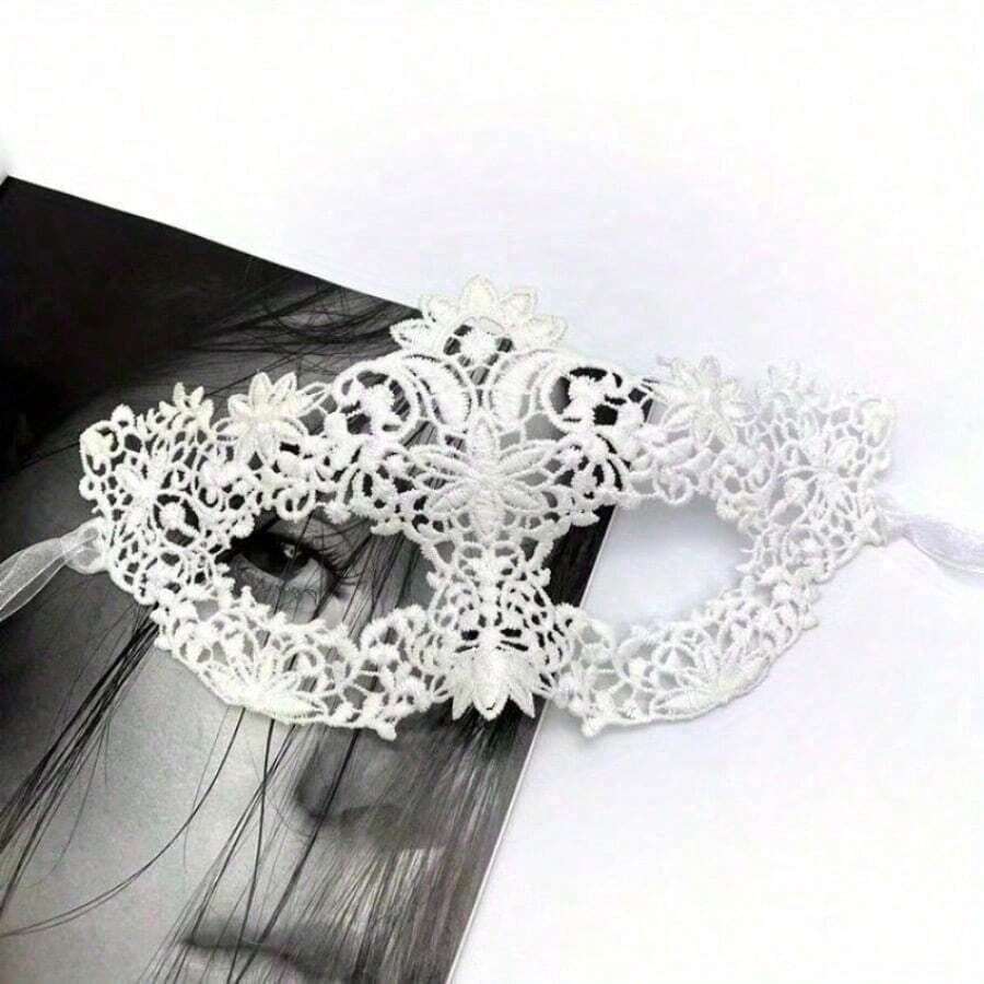 Elegant Dining Room Black/White Lace Eye Mask With Floral Pattern And Ribbon - Perfect For Parties, Balls, And Role Playing Activities - 1 White - View 1