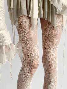 1 Pair Autumn Lace Pantyhose, Jacquard Fishnet Stockings, Suitable For Party & Date Occasions - White - View 1