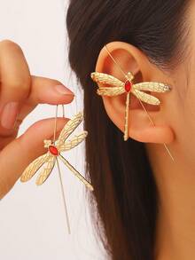 1 Đôi bông tai xỏ lỗ thời trang phong cách Punk độc đáo bằng đồng với hình chuồn chuồn mạ vàng, bông tai hình côn trùng sang trọng, độc đáo, phụ kiện trang sức dành cho nữ. - Vàng và đỏ - Xem 7