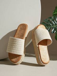 Women's Round Toe Flat Fashionable Sexy Kitten Heel Comfortable Beach Slip-On Sandals - White - View 1