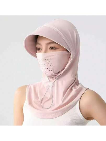 1顶冰丝防晒帽，带袖，男女通用纯色面罩帽，透气帽檐，全面遮盖面部和颈部，夏季户外防晒帽，适合日常通勤