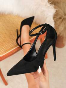 Sexy Fashion Suede Pointed Toe Stiletto Heel Casual Versatile Ankle Strap High Heels - Black - View 6