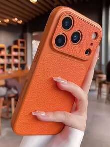 Fashion Litchi Leather Texture Large Window Phone Case Compatible With IPhone 17 Pro Max, 17 Pro, 16 Pro Max, 15, 14 Pro, 13, 12 Pro, 17, Camera Protection Matte Soft Edge Shockproof Protective Cover - Orange - View 1