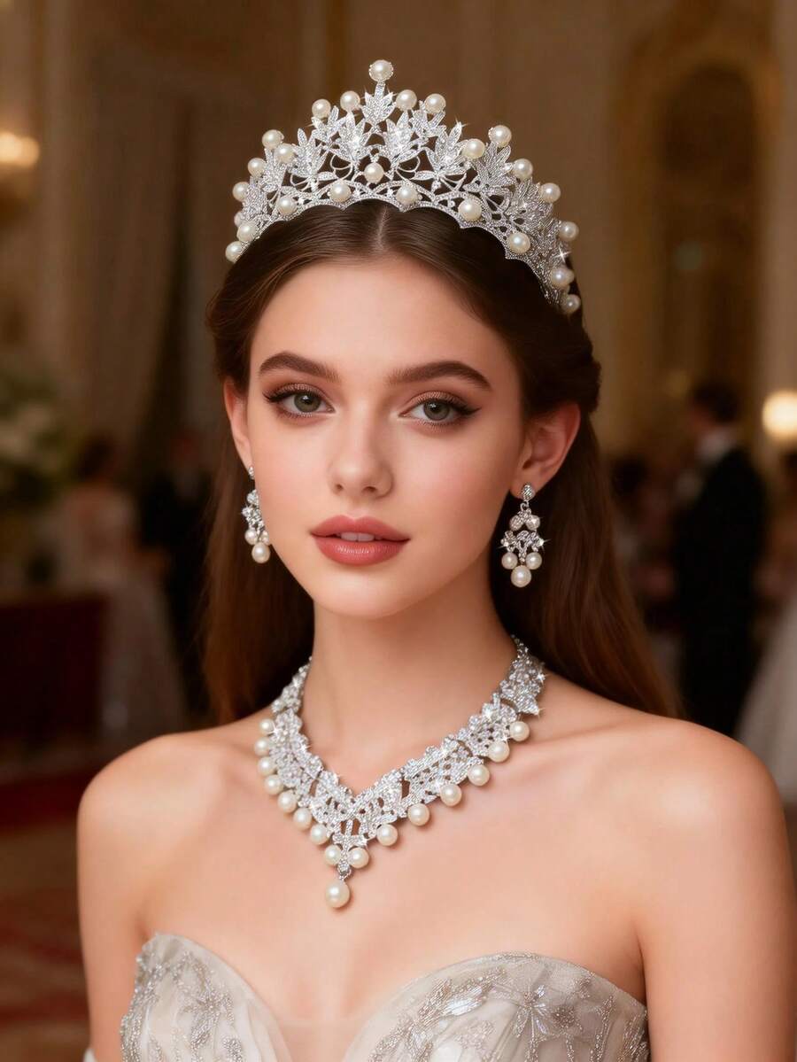 1 Set Bridal Accessories, Classic Elegant Pearl Crown, Luxury Necklace And Earrings 4pcs Jewelry Set, Suitable For Wedding Dress, Gown, Party, Prom - 白色 - 查看 1