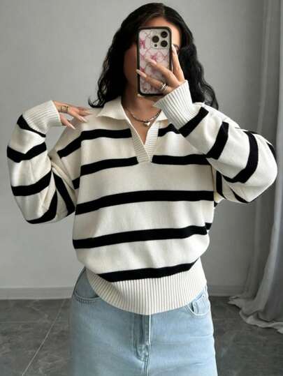 ropa de otoño para mujer, suéter de punto de manga larga con cuello de solapa, contraste de color a rayas, casual, vuelta al colegio en blanco
