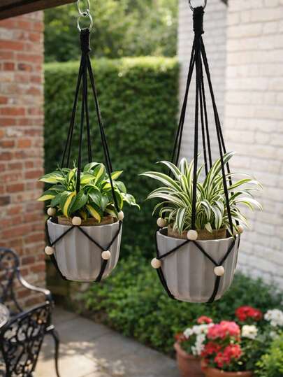 1 stuk zwarte boho hangende plantenhouder met kralenknoopdesign, macraméstijl, decoratieve hangende mand met netpatroon, ronde plantenhouder, minimalistische moderne boerderijstijl, plantenstandaard voor binnen en buiten, verticale tuinorganizer, balkon, terras, veranda, woonkamer, slaapkamer, raam, plafond, tuin, huisdecoratie