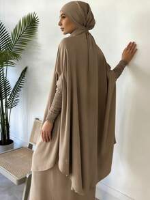 两件套穆斯林女性祈祷服套装，长袖宽松长袍，祈祷头巾，适合节日穿着 - 彩色 - 查看 4