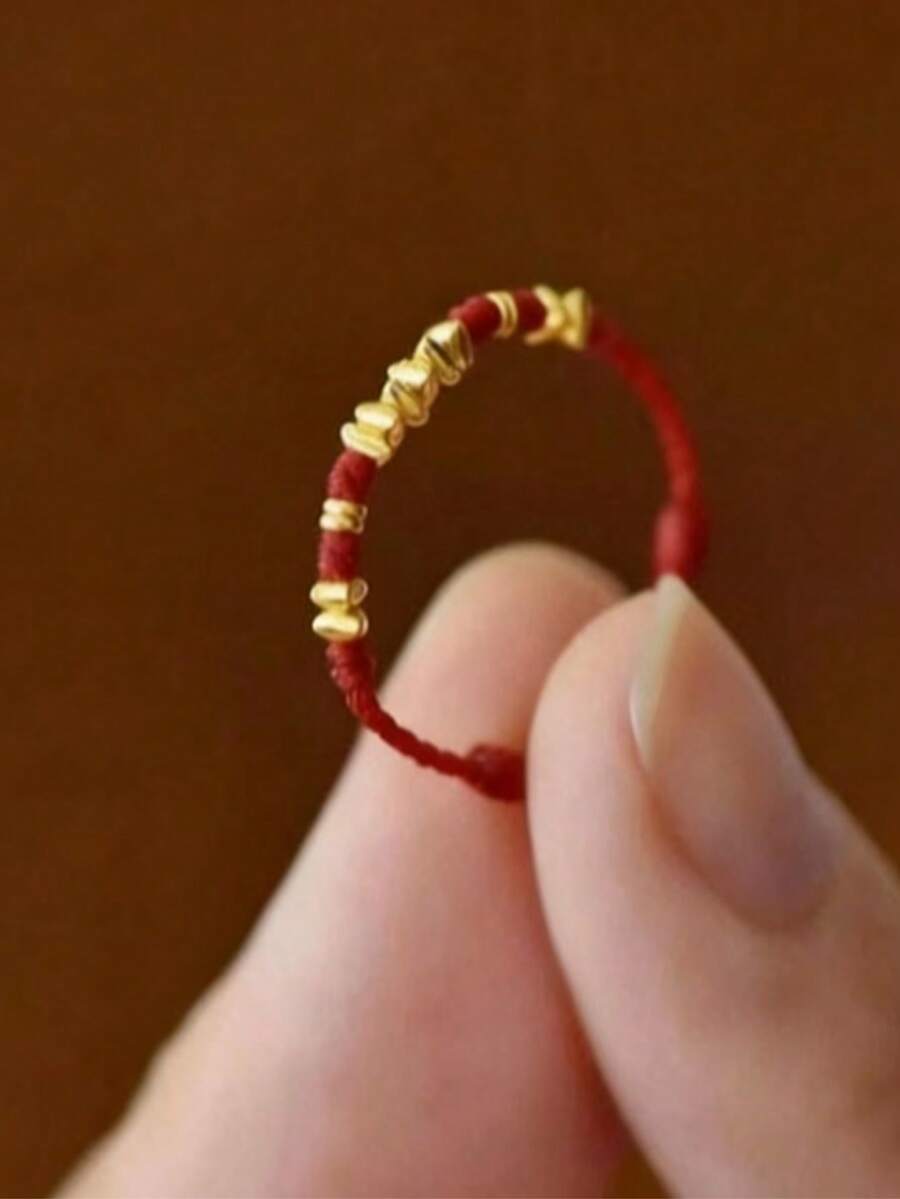 1枚金色编织红绳戒指，本命年幸运红绳戒指，新年礼物 - 彩色 - 查看 1