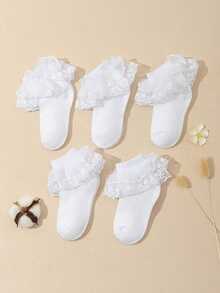 5 Pairs Girls Lace Trim Solid Color Ankle Socks, Princess Style Socks Suitable For Toddlers And Big Kids - White - View 8
