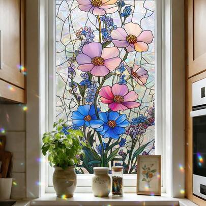 1/3 قطعة من الملصق الرجعي بنمط الكرمة الزهرية للخصوصية، ملصق نافذة نمط متعدد الألوان من البي في سي قابل لإعادة الاستخدام، مناسب للمطابخ والحمامات والمكاتب وغرف المعيشة وديكور المنزل