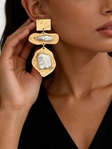 一对奢华金属拼接耳环，欧美风格不对称仿珍珠耳环，独特长款耳环 - 金黃色 - 查看 3