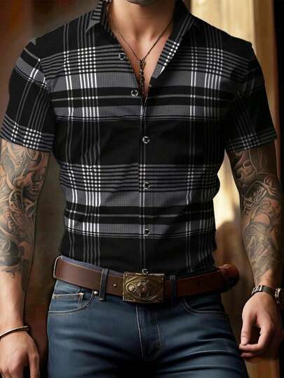 Men's Casual Plaid Front Button Short Sleeve Shirt, Summer