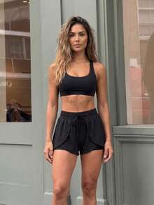 Never me Women's Solid Color Waist Tie Double Layer Sports Shorts, Elastic Waist With Built-In Leggings, Pockets For Anti-Chafing, Comfortable For Daily Wear, Running, Pilates - Black - View 5