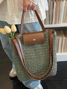 Minimalist Large Capacity Tote Bag, Rainbow Shoulder Bag - Green - View 6