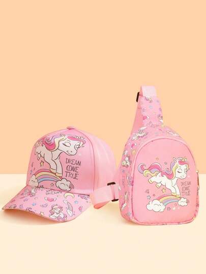 Bộ 2 món gồm mũ lưỡi trai và ba lô mini hình kỳ lân trái tim màu hồng dễ thương cho bé gái 3-6 tuổi, mũ có thể điều chỉnh độ cao, kèm túi đeo ngực nhỏ gọn tiện dụng, thích hợp cho các hoạt động hàng ngày, đi học, du lịch mùa xuân, cũng là món quà sinh nhật hoặc quà tặng nhân dịp tựu trường tuyệt vời.