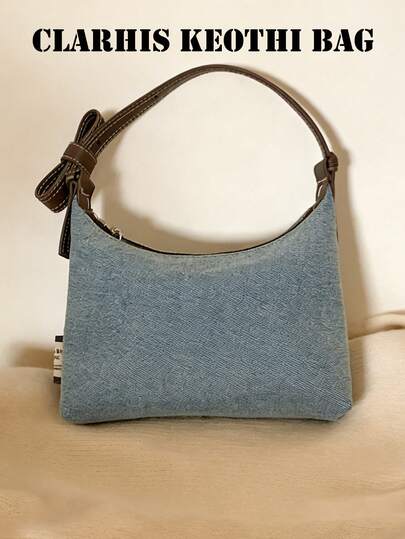 New Fashion Classic All-Match Solid Color Quilted Embroidery Thread Design, Rhinestone Inlaid Design Bow Handbag, Old Washed Fabric Shoulder Bag, Suitable For Shopping, Commuting To Work, Going Out For Parties