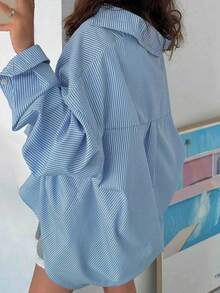 Plus Size Women's Striped Button-Up Shirt, Long Dropped Shoulder Sleeve, Woven Fabric Spring - Blue - View 9