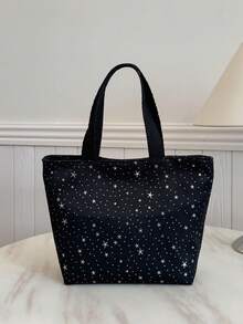 Portable Insulated Lunch Bag; Thickened Cute Fruit Lunch Bag For Students; Asymmetrical Black Starry Lunch Bag - Black - View 5