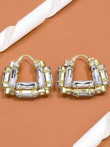 1 Pair Oversized Square CZ Crystal Hoop Earrings, Sparkling Geometric Statement Jewelry Earrings For Women, Wedding Party Gift - Gold - View 2