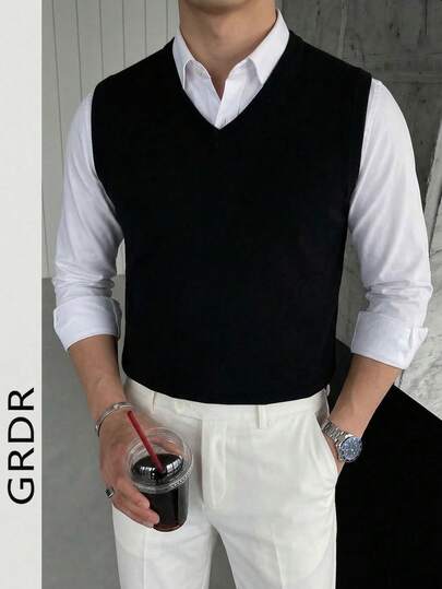 GRDR Chaleco de punto casual y versátil de cuello en V de unicolor para hombre