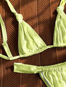 Bikinx Bộ bikini nữ màu trơn, kiểu dáng tam giác, buộc dây, được làm từ chất liệu vải bóng, co giãn tốt, thích hợp cho kỳ nghỉ hè ở bãi biển. - Màu xanh chanh - Xem 8