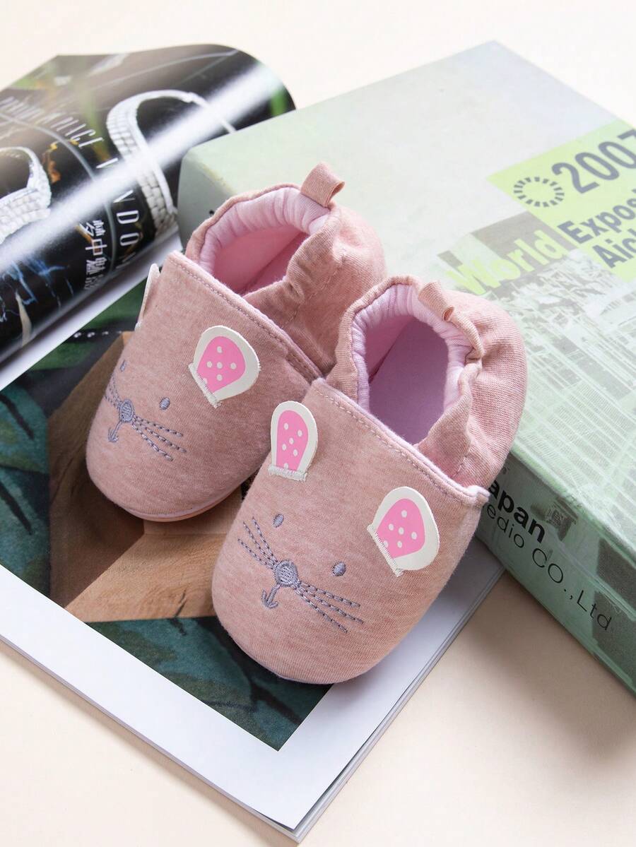 1pair Baby Girls' Pink Breathable Soft Sole Walking Shoes With Cartoon Cat Pattern, Suitable For All Seasons
