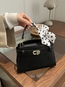时尚简约女士手提包，新款奢华压纹皮革单肩包，通勤斜挎包配丝巾，托特包 - 黑色 - 查看 6