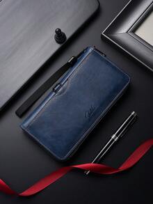 SHABILI 1pc Solid Color PU Leather Large Capacity Zipper Wallet, Business Clutch Bag, Phone Pouch For Men, Commuting & Daily Use Wallet Purse Wallet Long Wallet Wristlet Wallet Travel Essential Summer Money Wallet - Blue - View 6