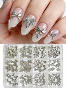 1Box Silver Alloy Bow Nail Charms Kit -12 Grids Mixed 3D Rhinestone Bow Nail Decorations Perfect For Daily Manicure For DIY Craft Nails - Silver - View 4