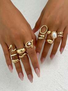 8pcs Vintage Geometric Jade Inlaid Ring Set, Women's Chunky Metal Gold Color Rings, Suitable For Women's Daily And Party Decoration, Gift Jewelry Set - 黃金 - 查看 4