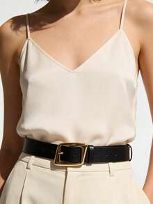 1条女士牛仔裤腰带，时尚真皮腰带，适合搭配女士连衣裙，银色搭扣 - 黑色 - 查看 5