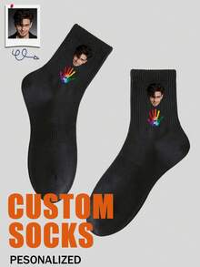 1 Pair Customized Boat Socks, Personalized Face Socks, Couples Socks, Customized Photo Socks, Customized Printed Socks, Personalized Funny Face Socks, Customized Pattern Socks, Can Print Any Face Image On Socks, Anniversary Gift, Valentine's Day Gift, Birthday Gift, Wedding Gift, Mother's Day Gift, Father's Day Gift, Best Friend Gift, Gift For Mom/Dad - Black - View 2