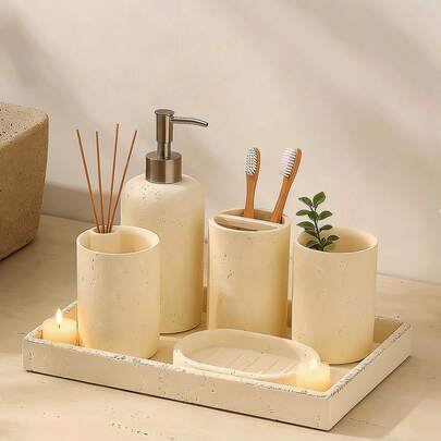 6-Piece Resin Bathroom Accessory Set, Modern Farmhouse Style, Includes Toothbrush Holder, Soap Dispenser, Tray, Tumbler, Cotton Swab Jar (Deep Beige)