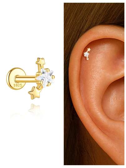 SereneSpark 1 chiếc khuyên tai bạc S925 hình ngôi sao năm cánh đính đá Cubic Zirconia, kiểu dáng phẳng, thích hợp cho xỏ khuyên sụn tai, vành tai, vành tai, v.v., quà tặng cho phái nữ.