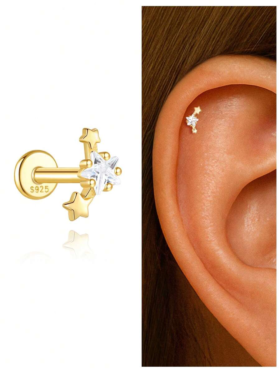 SereneSpark 1 chiếc khuyên tai bạc S925 hình ngôi sao năm cánh đính đá Cubic Zirconia, kiểu dáng phẳng, thích hợp cho xỏ khuyên sụn tai, vành tai, vành tai, v.v., quà tặng cho phái nữ. - Vàng - Xem 1