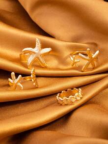 4pcs/Set Summer Beach Starfish Design Gold Rings Set For Women - Gold - View 3