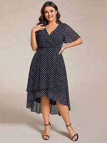 EVERPRETTY Plus Size Elegant Chiffon V-Neck Ruched Polka Dot Bridesmaid Dress, Soft High-Low Ruffle Hem Polka Dot Wedding Guest Evening Gown - Black and White - View 6