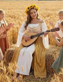2026 Women's Renaissance Costume Floral Lace Up Bell Sleeve Peasant Medieval Fairy Dress - 收穫蘑菇 - 查看 4