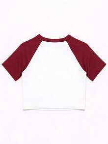 Color Block Cropped Baseball Tee With Raglan Sleeves. Retro Style, Great For Casual Street Outfits, Summer Vacation And Beach Days. - Red - View 3