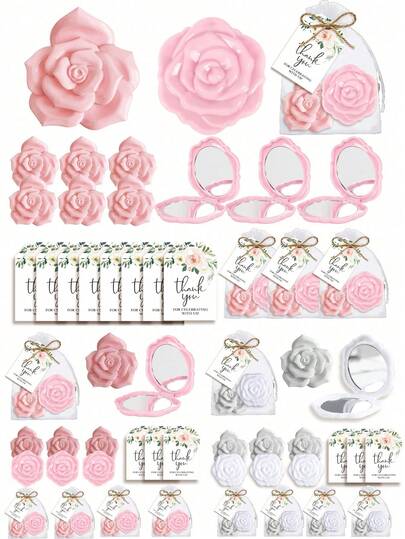 20pcs/Set Pink/White Rose Pattern Mirror Hair Clips Set, Wedding Favors, Rose Pattern Mirror And Hair Clips With Silk Bag And Thank You Card, Wedding Party Favors, Bridesmaid Groomsman Gifts, Suitable For Wedding Party Guests Gifts, Wedding Party Supplies