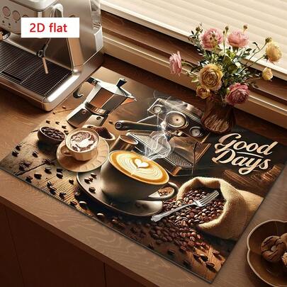 1pc Coffee Drying Mat, Coffee Machine Pad, Decorated With Coffee Beans And Cups Pattern, Suitable For Dining Table And Cafe, Absorbent And Drainage Design, Multipurpose Draining Mat, Home Gift, Desktop Decor