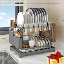 Stozle Two-Level Dish Drying Rack For Kitchen Surfaces, Dish Drainer With A Drainboard, Metal Kitchen Dish Holder With Drainage, Two-Tier Kitchen Drying Rack, Black Dish Holders - 查看 11