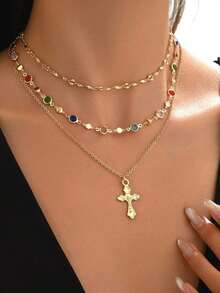 1pc Fashionable Elegant Virgin Mary Embossed Y-Shape Long Necklace, Vintage Religious Cross Pendant Sweater Chain For Women, Suitable For Daily Wear And Gatherings - 彩色 - 查看 3
