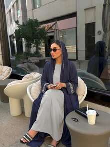 Glamorous Rhinestone & Beaded Robe With Rhinestone Chiffon Headscarf - Dark Blue - View 4