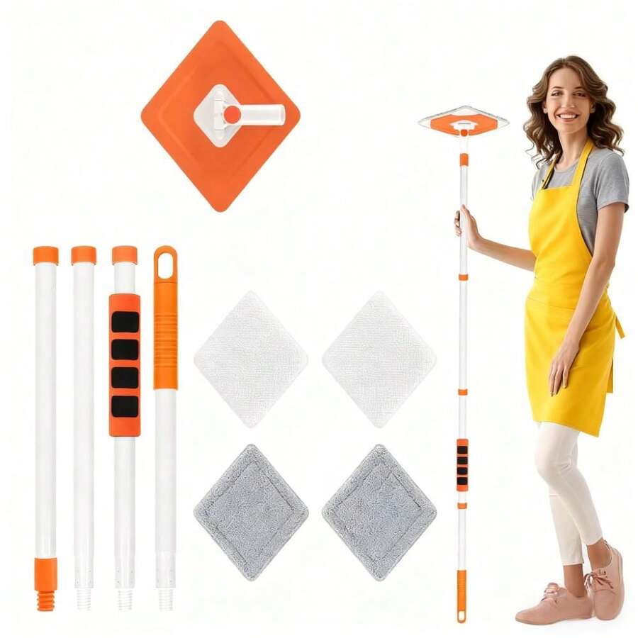 Cây lau nhà dài 149cm với 4 thanh nối dài và 4 miếng lau tái sử dụng, có thể xoay 360° để lau bụi trần nhà, có thể điều chỉnh độ cao để lau bụi chân tường, dụng cụ đa năng có thể giặt và sử dụng được cho cửa sổ, tường, cửa ra vào, sàn nhà, lau bụi trong nhà. - cây lau nhà kim cương - Xem 1